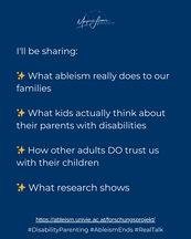 I'll be sharing: What ableism really does to our families. What kids actually think about their parents with disabilities. How other adults DO trust us with their children. What research shows (spoiler: it's not what you think).