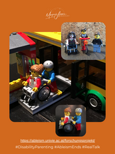 Lego figures using wheelchairs and a bike. One walking Lego figure with a helmet pushing a lego figure with long hair in a wheelchair off the bus on a ramp.