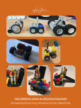 Several photos of wheelchairs and other mobile devices on wheels built from Lego. A car-like device with a ramp used by a LEGO figure in a wheelchair.