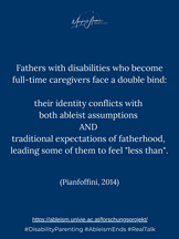 Fathers with disabilities who become full-time caregivers face a double bind - their identity conflicts with both ableist assumptions AND traditional expectations of fatherhood, leading them to feel "less than" (Pianfoffini, 2014).