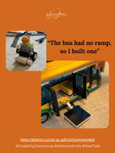 "The bus had no ramp so I built one." LEGO bus with a ramp and a LEGO wheelchair user.