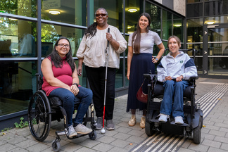 Marjorie Aunos, Ingrid Palmer, Rahel More and Marlene Krubner in front of the university building in Sensengasse.